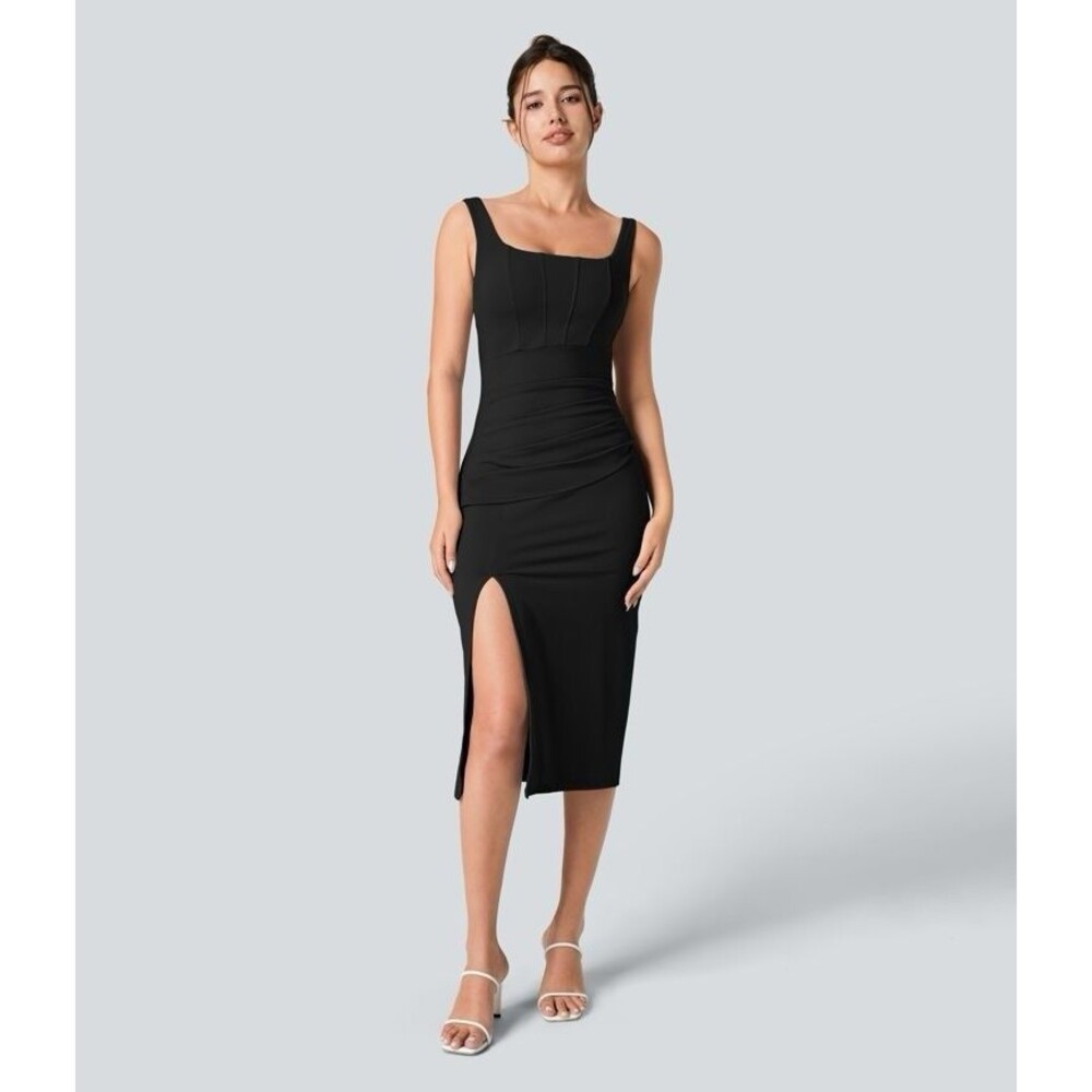 Halara SoftlyZero™ Airy Square Neck Corset Ruched Bodycon Midi Black Dress L New